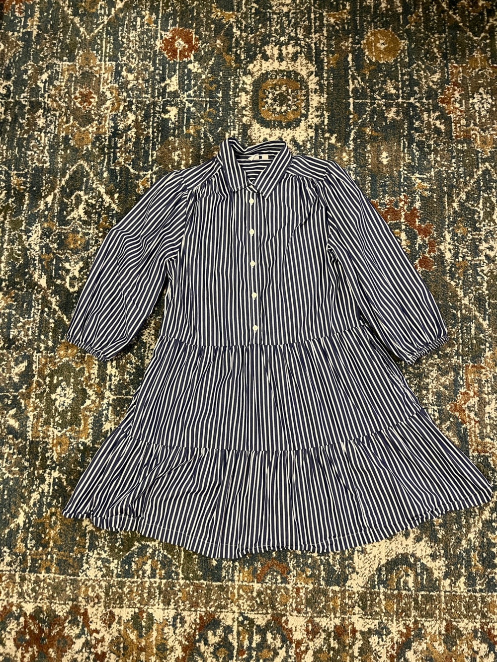 GAP Navy & White Striped Button-Front Tiered Dress